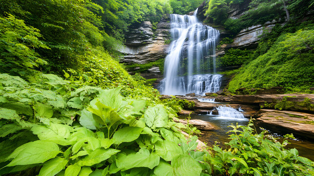 A crystal-clear waterfall cascading down a rocky cliff surrounded by vibrant green foliage - Powered by Adobe