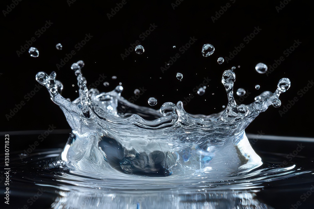 Poster close-up of a water splash creating ripples on a reflective surface against a dark background
