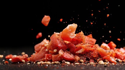 Exploding bacon bits preparation kitchen food dark environment close-up view culinary creativity for mouthwatering recipes