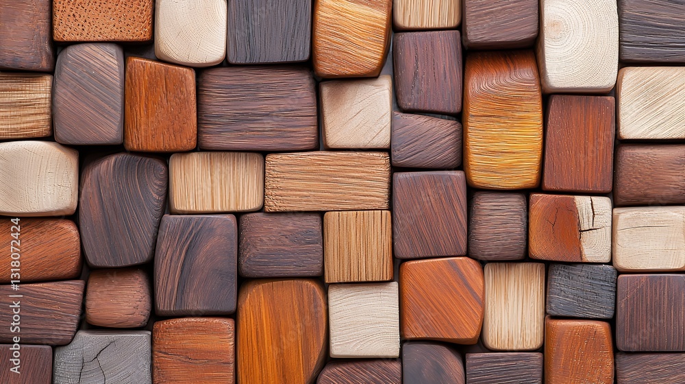 Poster abstract wood block mosaic texture background with brown rustic tones