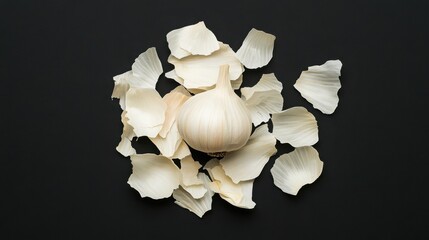 Garlic clove surrounded by white petals kitchen table food minimalist style overhead view fresh ingredients for culinary delights