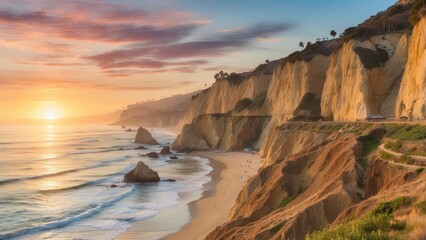 A coastal landscape at sunset, featuring rugged cliffs and rocky formations along the shoreline.