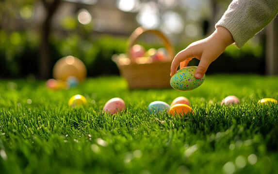Easter egg hunt, a child's hand reaching for colorful eggs on green grass 