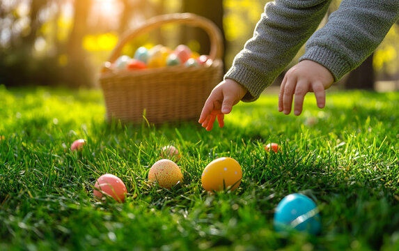 Easter egg hunt, a child's hand reaching for colorful eggs on green grass 