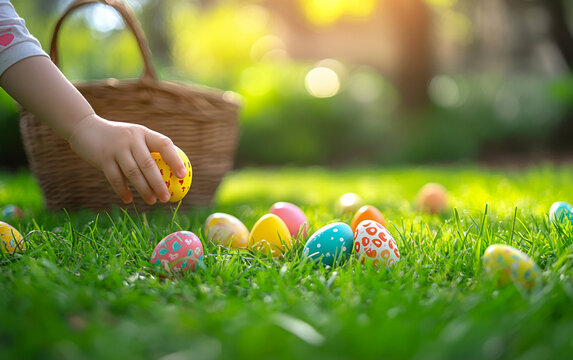 Easter egg hunt, a child's hand reaching for colorful eggs on green grass 
