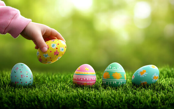 Easter egg hunt, a child's hand reaching for colorful eggs on green grass 