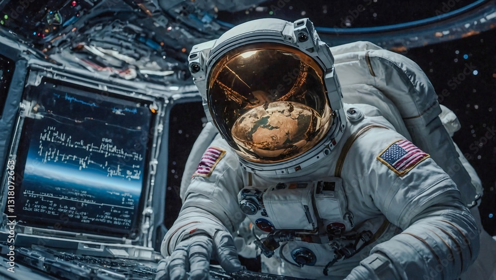 Poster astronaut reading a book with floating data icons.