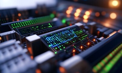 Obraz premium Electronic circuits in action, lights glow on the board, technology concept use