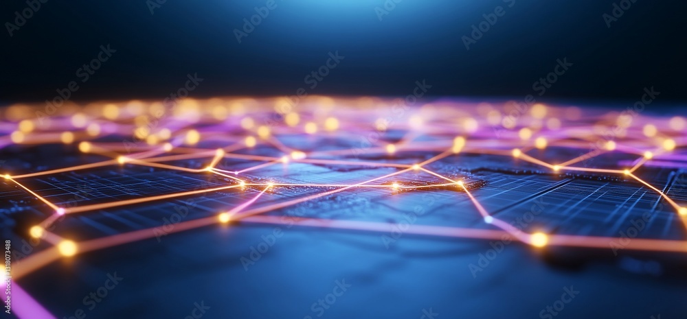 Poster abstract network of glowing points connected by lines on a digital surface