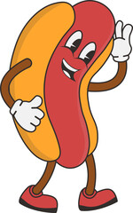 Hotdog Groovy Illustration Isolated on White Background. Vector Cartoon Character.