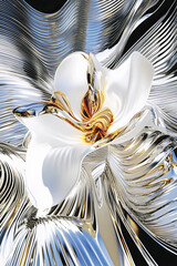 Glass flower sculpture featuring shimmering gold and silver reflections, creating an atmosphere of luxury and elegance, ideal for enhancing art and design projects with modern sophistication