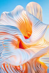 Abstract flower blooming with vibrant orange, red, and white petals under a clear blue sky, creating a surreal and colorful botanical scene full of beauty and organic growth