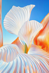 Abstract flower blooming with vibrant orange, red, and white petals under a clear blue sky, creating a surreal and colorful botanical scene full of beauty and organic growth