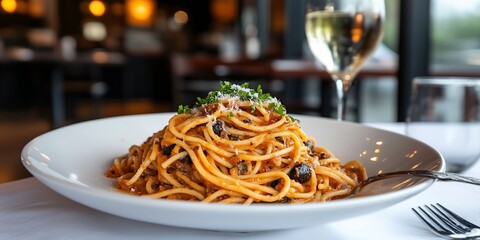 Restaurant pasta dish, olives, wine