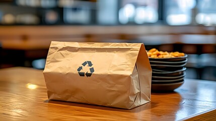 Recyclable Brown Paper Bag on a Table in a Casual Dining Restaurant Interior with Plates of Food