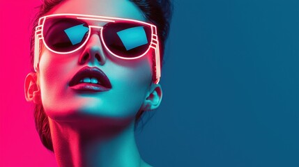 Close-up of person wearing futuristic sunglasses with neon pinkish-red glow, glossy lips and gradient background