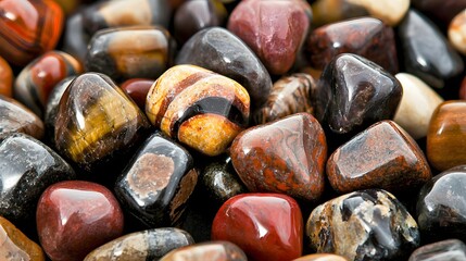 Colorful Polished Stones and Gemstones with Various Shapes and Textures in Natural Setting