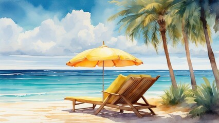 Obraz premium Watercolor illustration of a tropical beach scene with two umbrellas