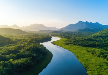 Fototapeta premium Wide River Flowing Through Verdant Landscapes from Above