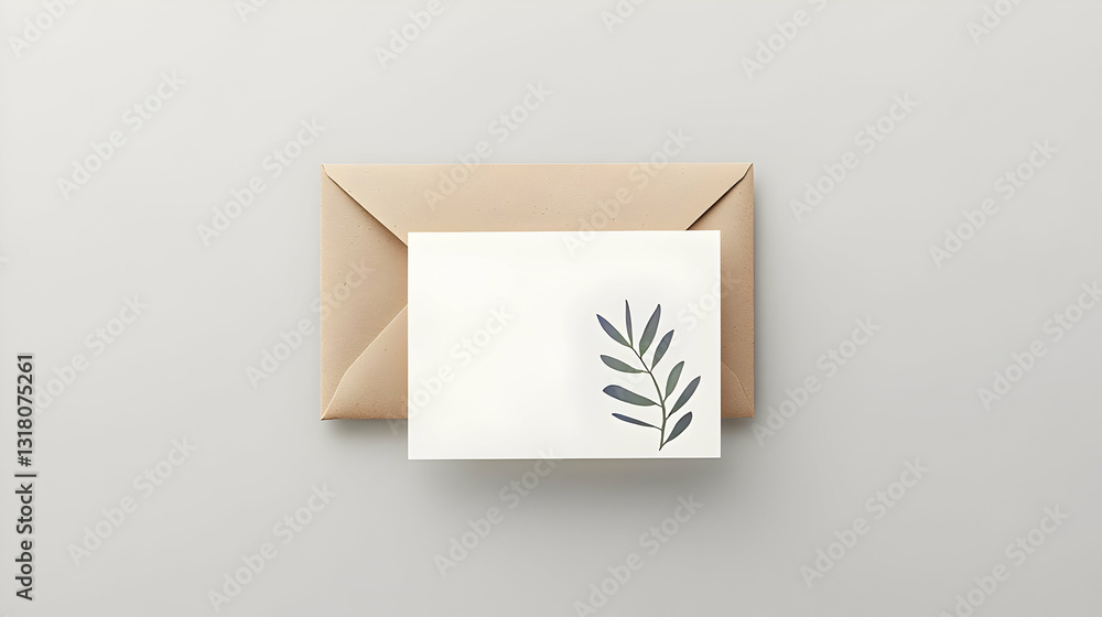 Poster flat lay composition of kraft envelope with white card featuring botanical leaf design on a soft gra