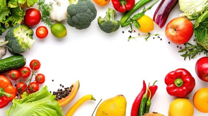 A frame border made of fresh fruits and vegetables is displayed on a clean white background. The fruits and vegetables in the frame border include various types like apples, carrots, and leafy greens,