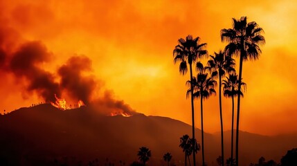 Dramatic silhouettes of palm trees against a smoky orange sky with hills in the background, capturing a sunset-like atmosphere influenced by fire smoke near Los Angeles. Mysterious and moody landscape