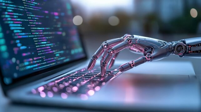 AI Robotic Hand Typing on Laptop  Futuristic Technology  Digital Innovation