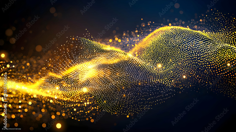 Poster abstract golden particles flowing wave on dark background with bokeh effect digital art graphic