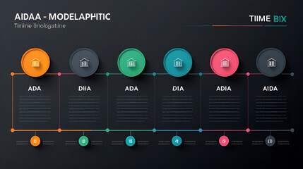AIDA model infographic template with timeline style horizontal box dark background style with 4 point for slide presentation