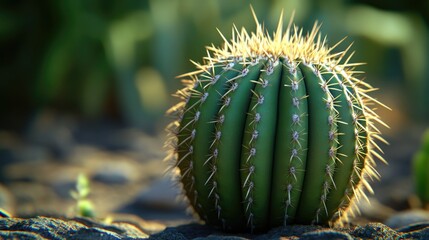 A detailed shot of a small green prickly cactus plant