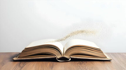 Open Antique Book with Golden Particles on a Wooden Table and White Background