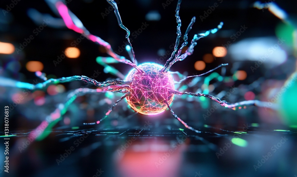 Poster glowing cell structure model on dark surface with abstract background, science visual