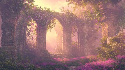 Enchanted Fairy Clearing with Surreal Ruins and Vibrant Flora