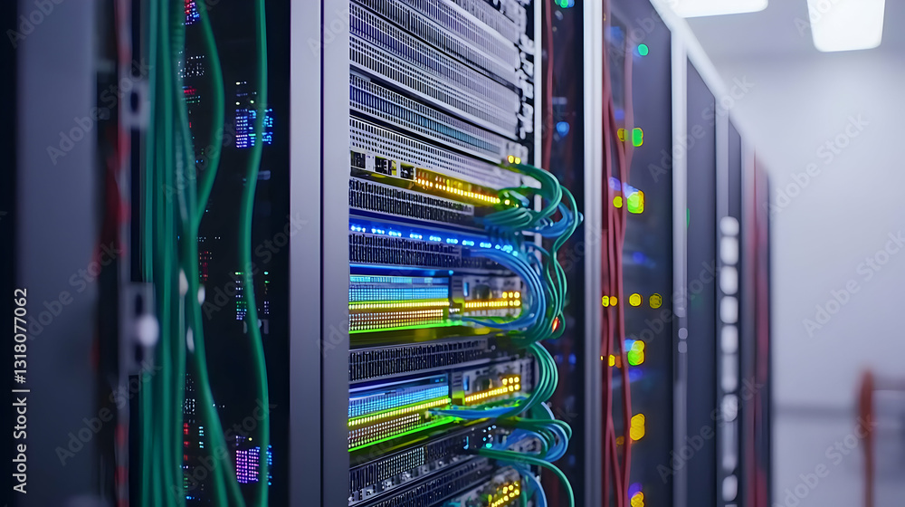 Poster close up of server rack with colorful cables and blinking lights in modern data center with dark bac