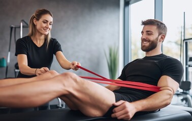 Personal trainer assisting client with resistance bands gym fitness session indoor perspective strength training