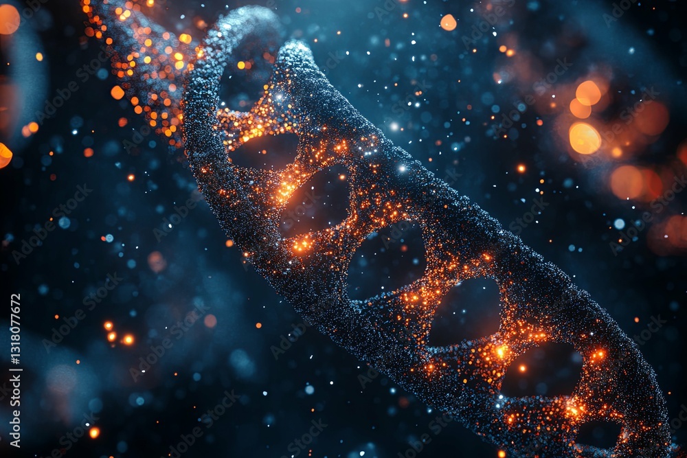 Wall mural illuminated chain link with sparkling particles in dark space