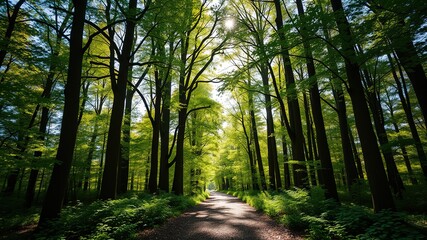 Obraz premium Tranquil Forest Path Under Majestic Trees