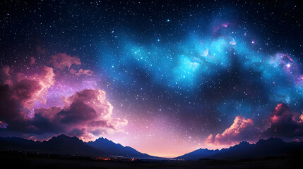 Naklejka premium A Breathtaking Vibrant Panoramic View of a Starry Night Sky With Pink and Purple Clouds and a Silhouette of Mountains at the Horizon