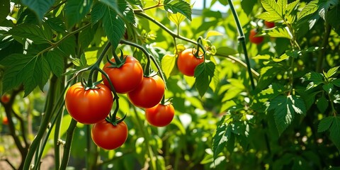 Sun-drenched garden with ripe tomatoes on vine, vibrant green leaves, juice, garden