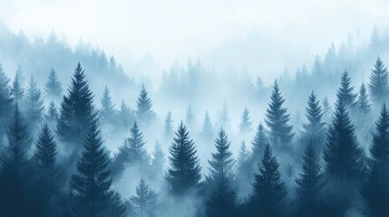 Fototapeta premium Dense forest of pine trees covered in atmospheric morning fog