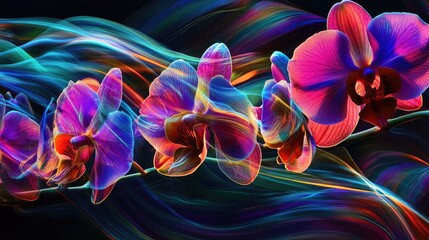 Vibrant Abstract Orchid Flowers with Colorful Light Trails in Dark Background