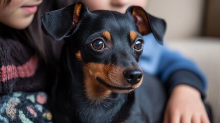 Lively and Alert Manchester Terrier Relaxing with Children in a Cozy Setting