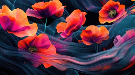 Vibrant Abstract Floral Composition with Colorful Poppies and Flowing Colorful Waves on Dark Background
