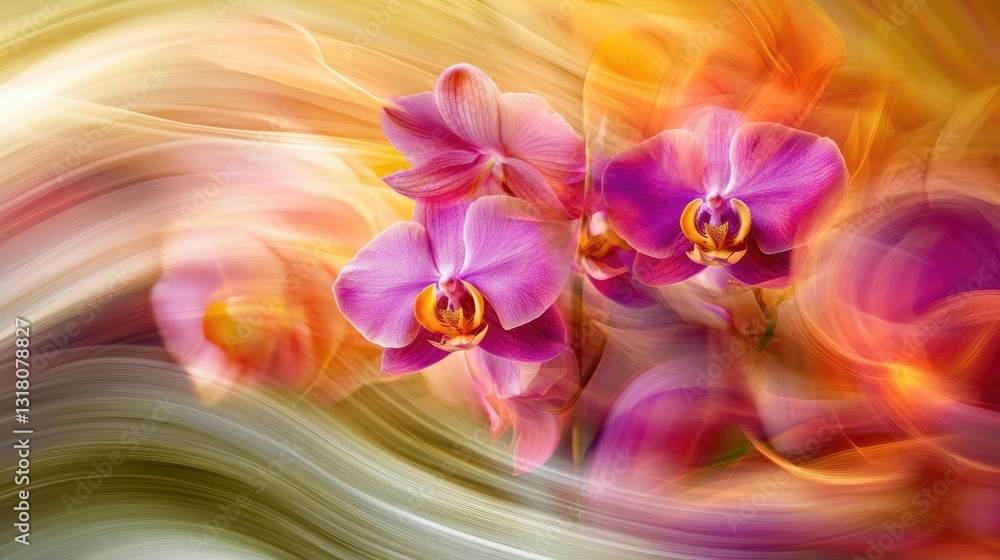 Poster colorful abstract background with vibrant orchids in soft focus and flowing light patterns