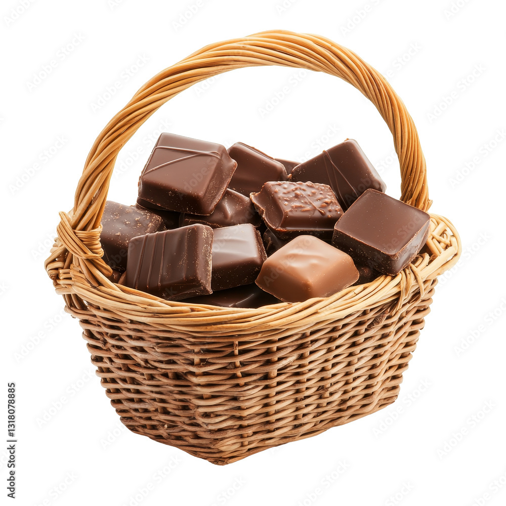 Poster a delightful basket filled with assorted square chocolates on a clean background, basket of square o