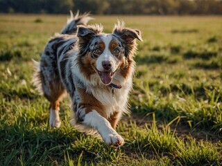 Australian Shepherd playing with a disc in the field.