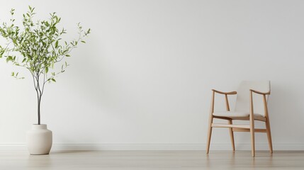A minimalist Scandinavian-style living room with a sleek wooden chair