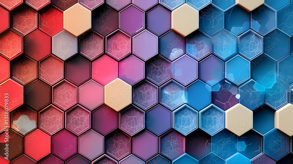 Poster 3d render of a colorful hexagonal pattern with a gradient of pink purple and blue