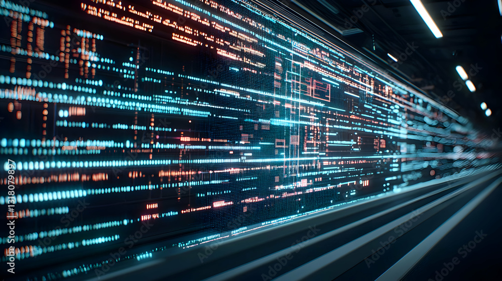 Poster abstract digital data tunnel with blue and red light streaks and lines background
