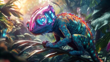 Vibrant Chameleon with Holographic Gadgets in a Lush Jungle Environment